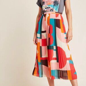 Maeve by Anthropologie Aurelia Abstract Pleated Lined Midi Skirt, Size 0